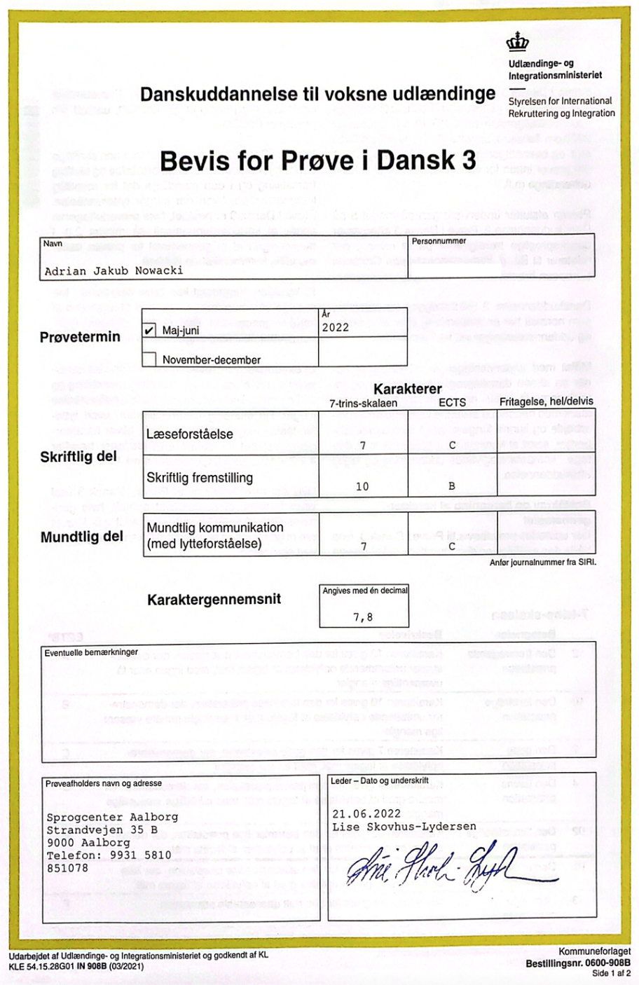 Dansk Certificate Preview